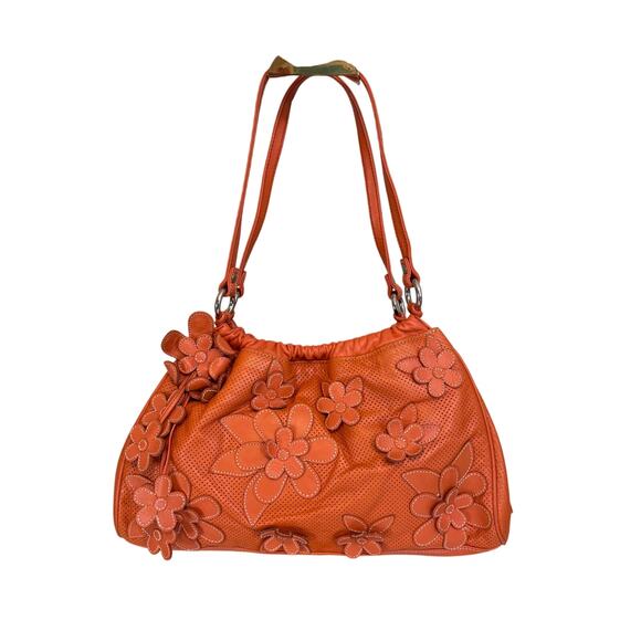 Isabella Fiore Shoulder Handbag Orange Leather Floral Perforated Retro Hippie - Picture 1 of 11